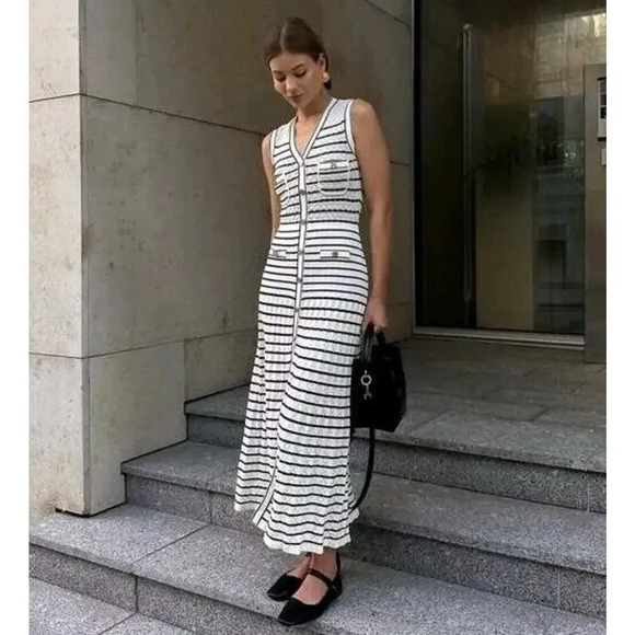 Sandro Molina White Striped Sleeveless Buttoned V Neck Knit Midi Dress Sz 36 - Picture 7 of 16